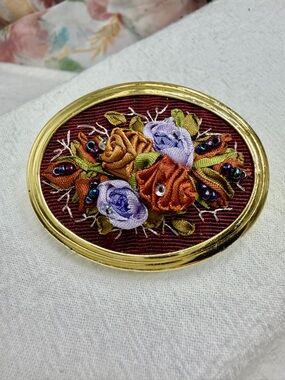 Vintage Floral Ribbon Embroidery Brooch in Burgundy, Lavender and Orange